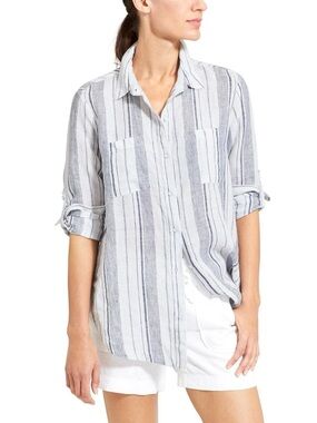 Athleta Striped 100% Linen Button Down Peninsula Top Shirt Roll Tab Sleeves